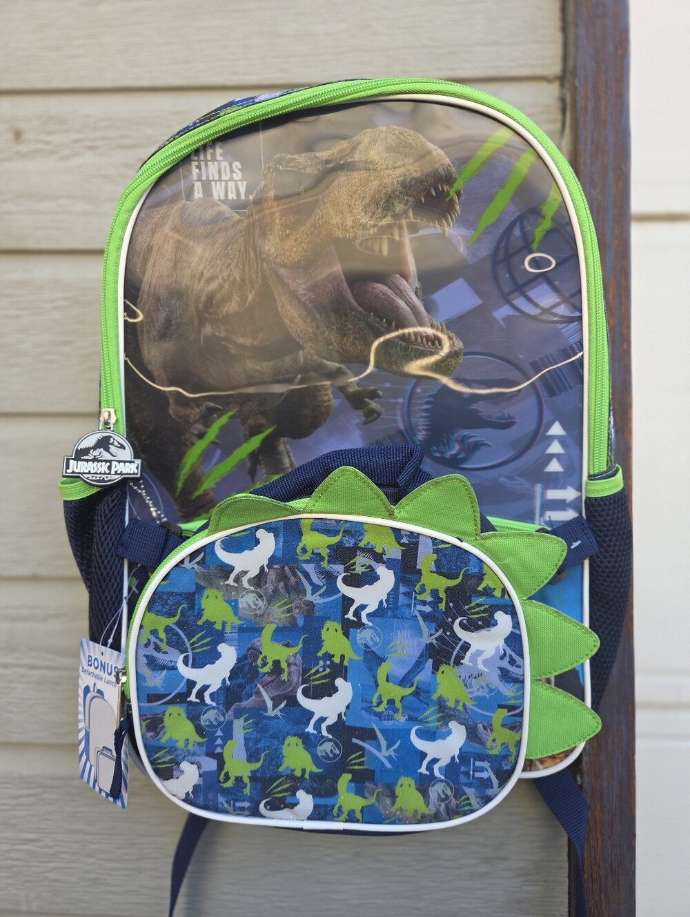Jurassic Park Kids Backpack with Dino Lunch Box - Green & Blue